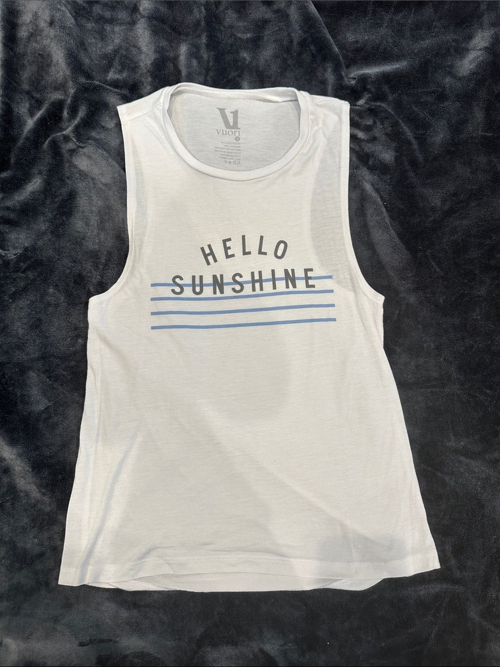 Vuori White Tank with 'HELLO SUNSHINE' Graphic and Light Blue Stripes